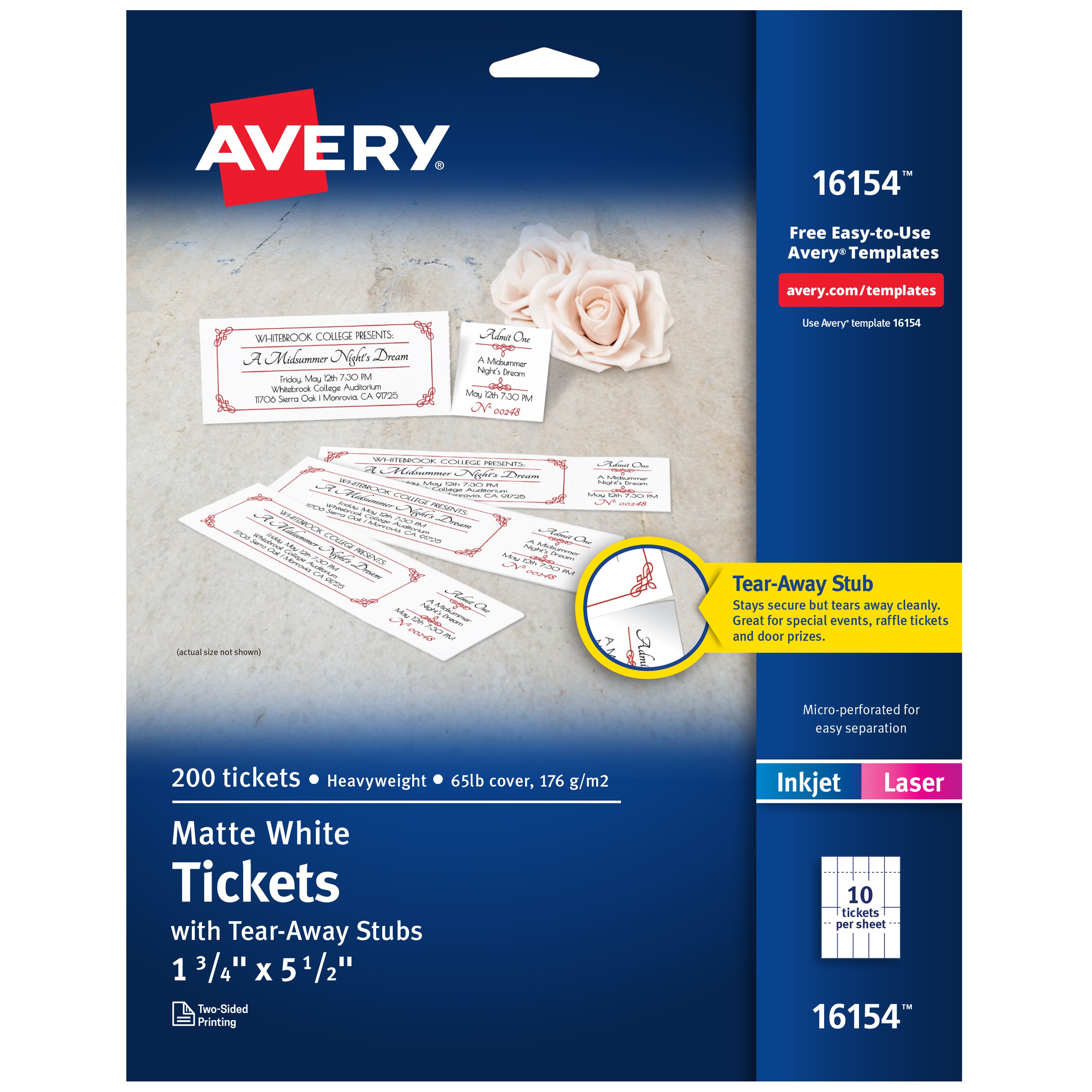 チケットセットNo2 Tickets with Tear-Away Stubs, Matte White 16154 | Avery
